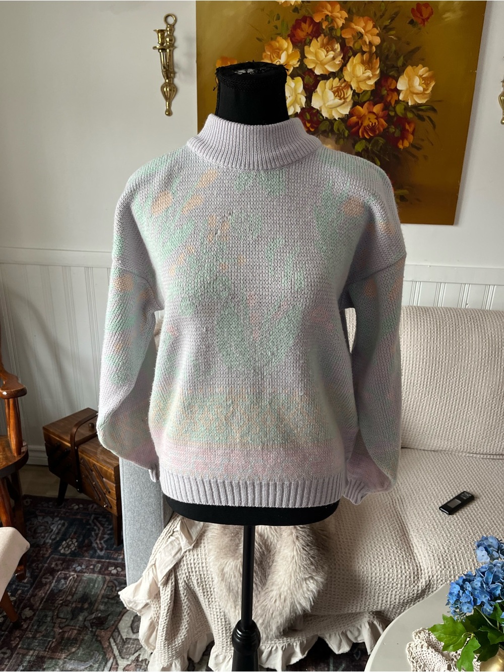Women’s Vintage Au Courant Pastel Floral Pullover Sweater Light Lavender Size M
